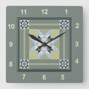 Complex Star Patch Quilt Block in Greens Square Wall Clock