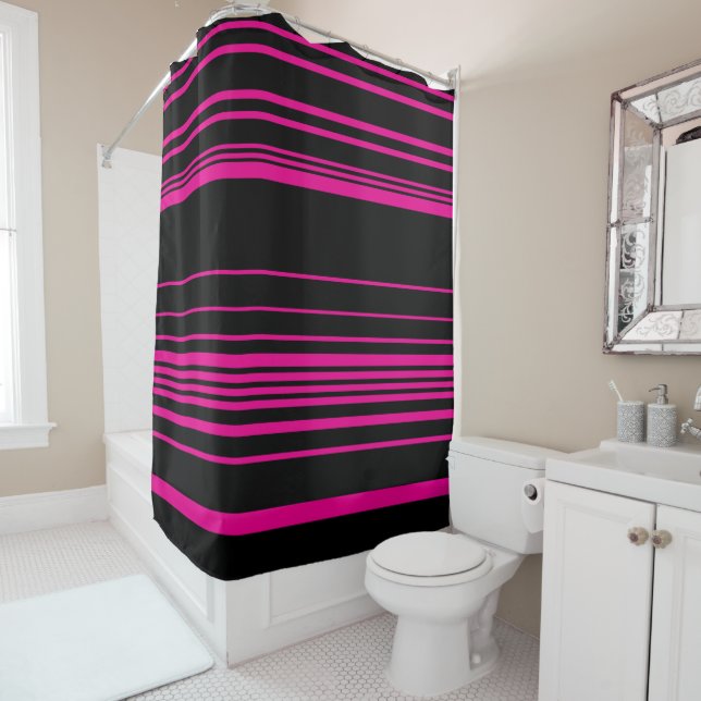 Complex Stripes - Magenta and Black Shower Curtain (In Situ)