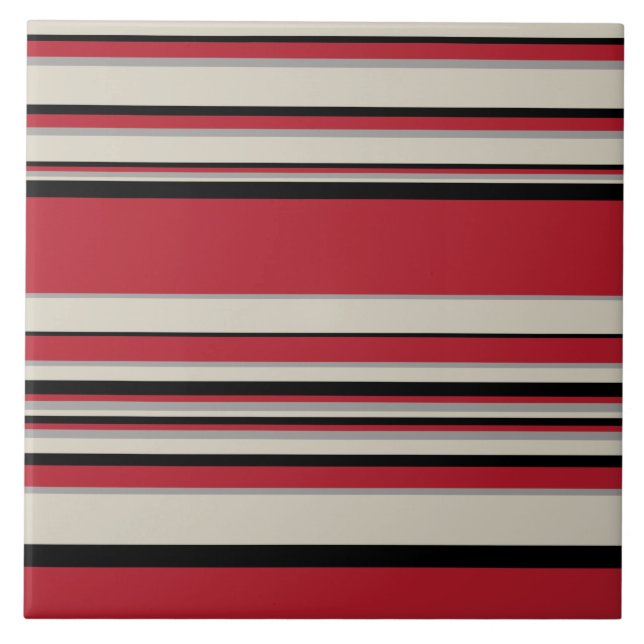 Complex Stripes - Red, Grey, Black and Bone White Ceramic Tile (Front)