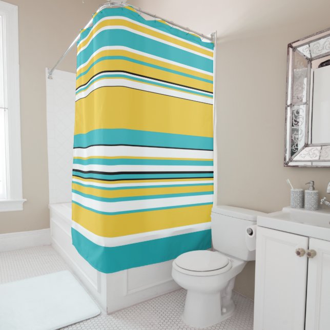 Complex Stripes - Turquoise and Yellow Shower Curtain (In Situ)