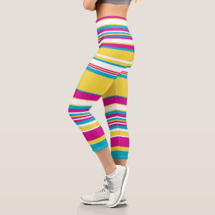 Complex Stripes -Turquoise, Yellow, Pink and White Capri Leggings