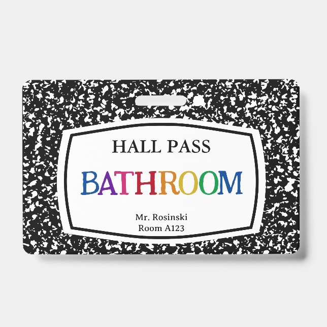 composition book bathroom hall pass for educators ID badge (Front)