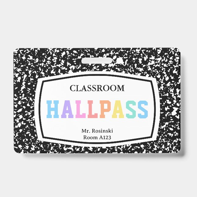 composition book classroom hall pass lanyard ID badge (Front)