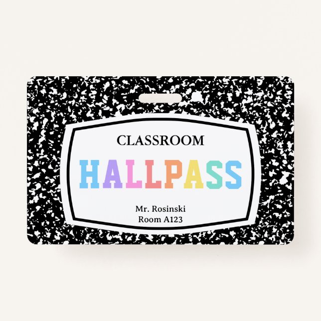 composition book classroom hall pass lanyard ID badge (Front)