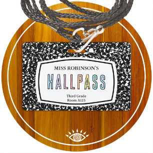 composition book classroom hall pass lanyard ID badge