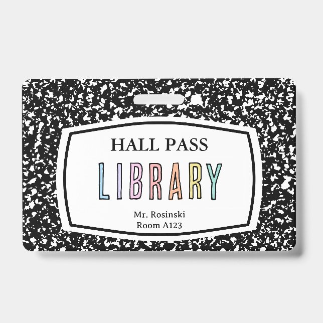 composition book library hall pass lanyard ID badge (Front)