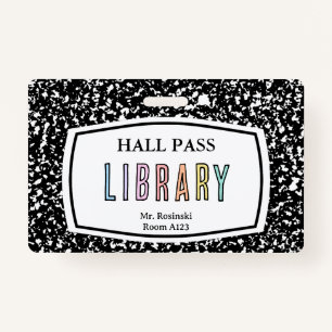 composition book library hall pass lanyard ID badge