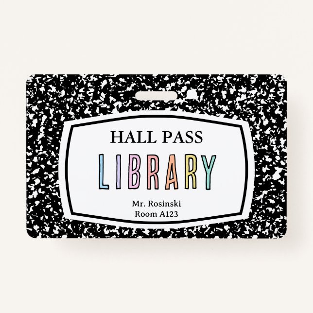 composition book library hall pass lanyard ID badge (Front)