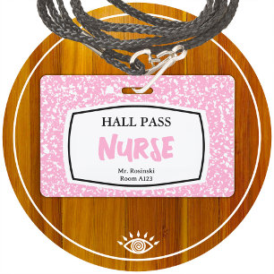 composition book nurse hall pass for educators ID badge