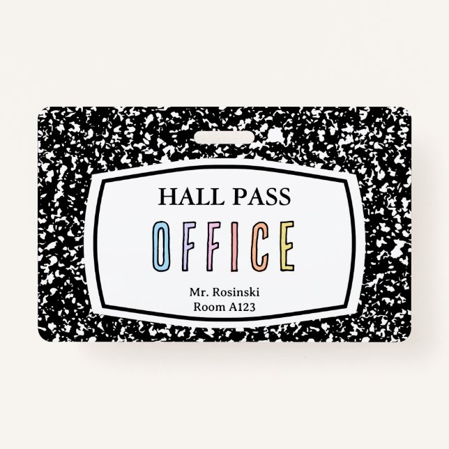 composition book office hall pass for teachers ID badge (Front)