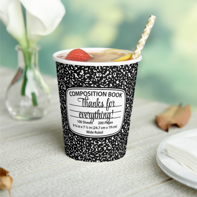 Composition Notebook Party Cups – Disposable Cups (Insitu)
