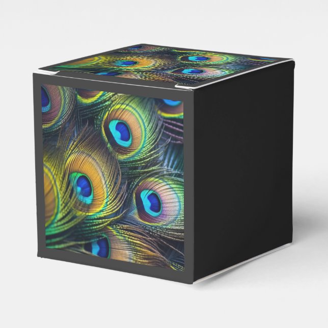 Composition of bright peacock feathers favour box (Front Side)