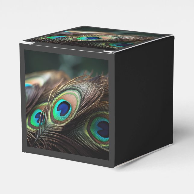 Composition of bright peacock feathers favour box (Front Side)