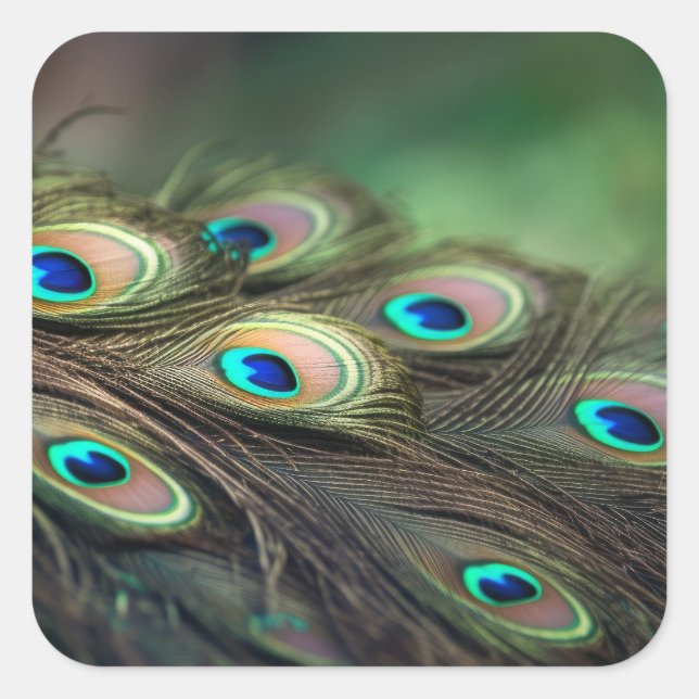 Composition of bright peacock feathers square sticker (Front)