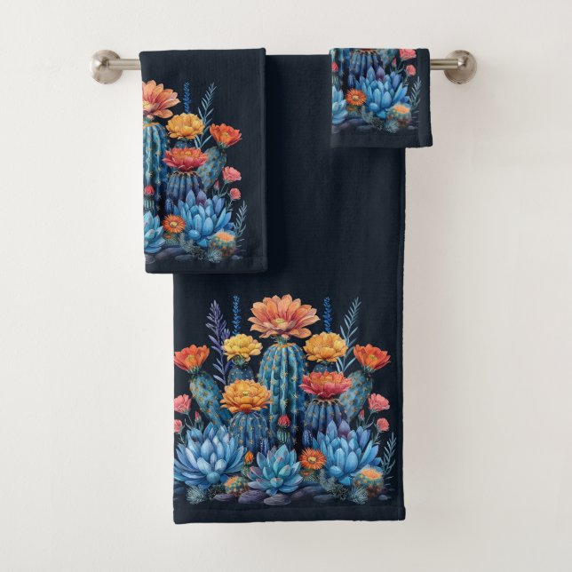 Composition of flowering cacti, succulents bath towel set (Insitu)