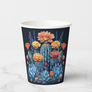 Composition of flowering cacti, succulents paper cups