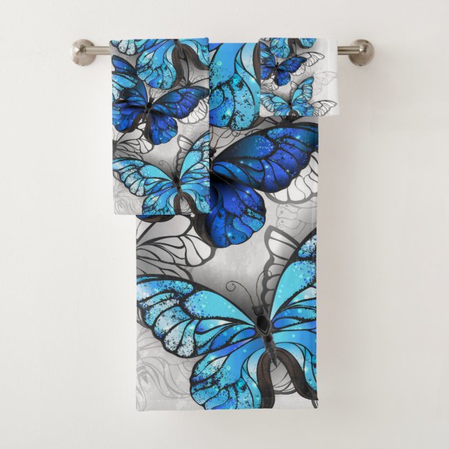 Composition of White and Blue Butterflies Bath Towel Set (Insitu)