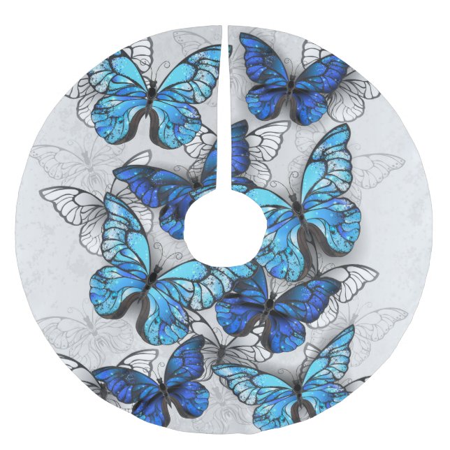 Composition of White and Blue Butterflies Brushed Polyester Tree Skirt (Front)