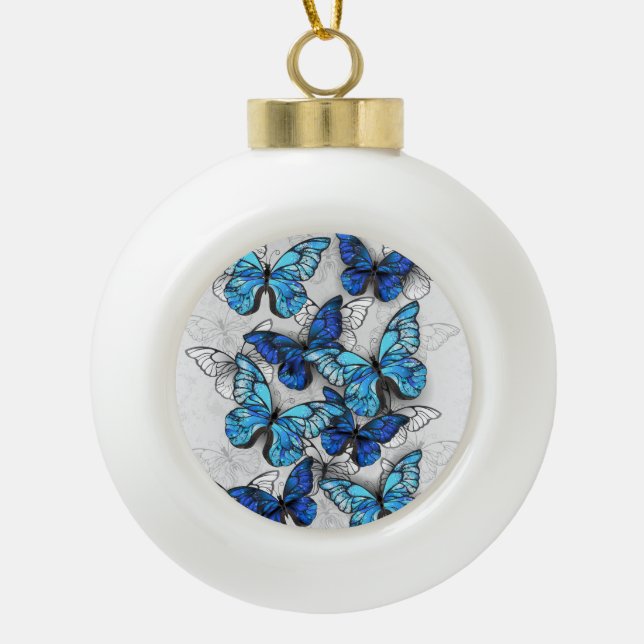 Composition of White and Blue Butterflies Ceramic Ball Christmas Ornament (Front)