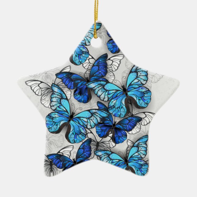 Composition of White and Blue Butterflies Ceramic Ornament (Front)