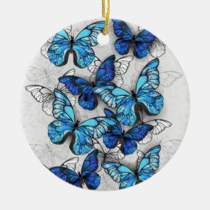 Composition of White and Blue Butterflies Ceramic Ornament