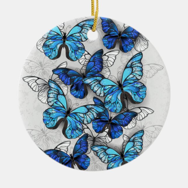 Composition of White and Blue Butterflies Ceramic Ornament (Front)