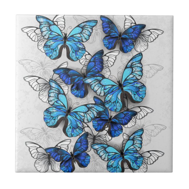 Composition of White and Blue Butterflies Ceramic Tile (Front)