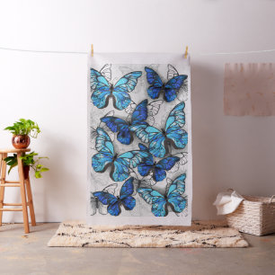 Composition of White and Blue Butterflies Fabric