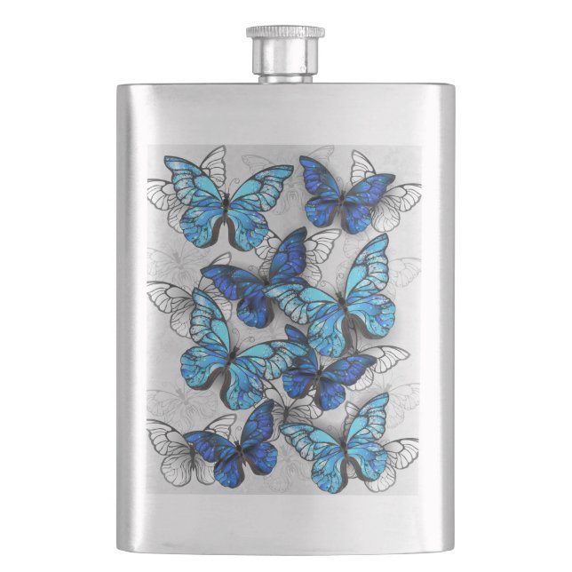 Composition of White and Blue Butterflies Hip Flask (Front)