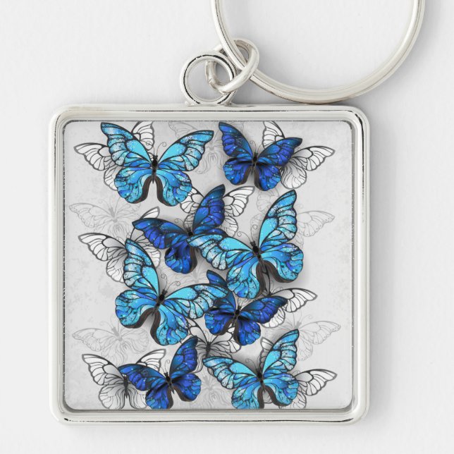 Composition of White and Blue Butterflies Key Ring (Front)