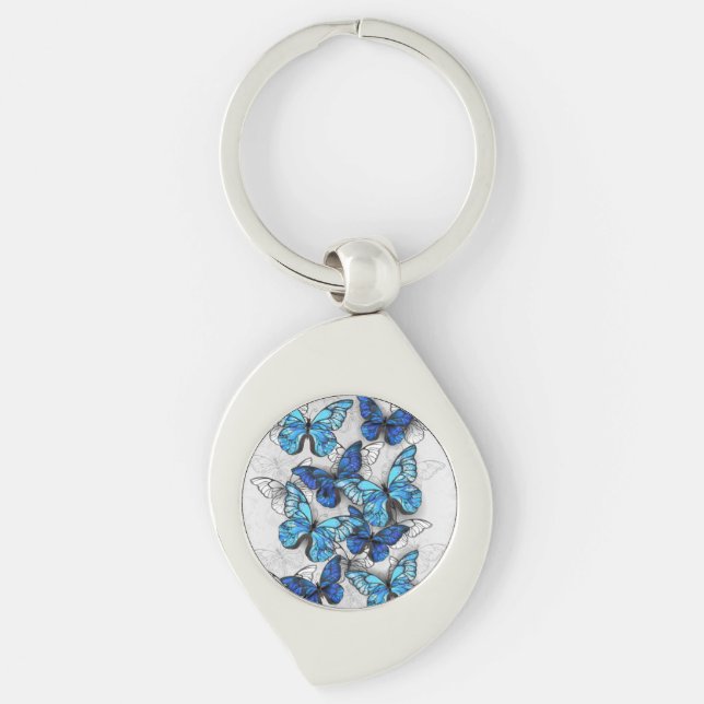 Composition of White and Blue Butterflies Key Ring (Front)