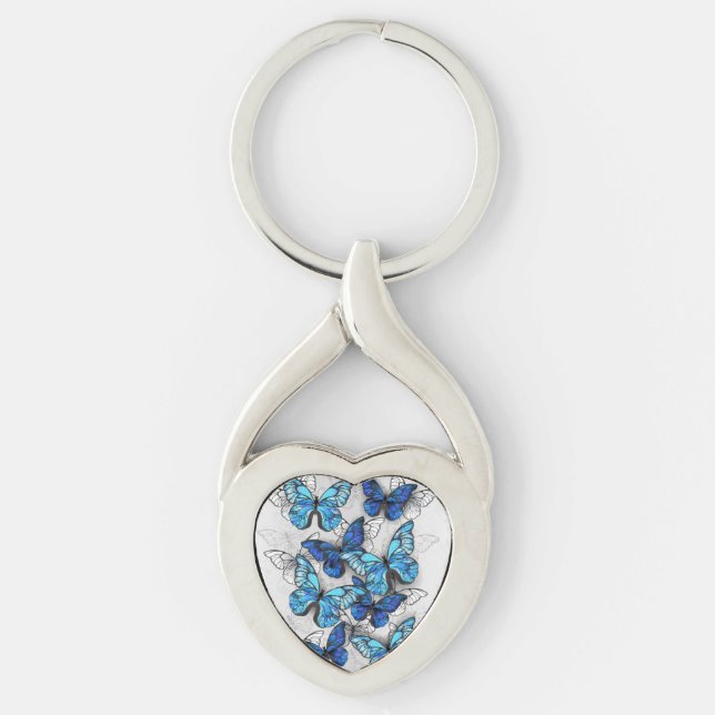 Composition of White and Blue Butterflies Key Ring (Front)