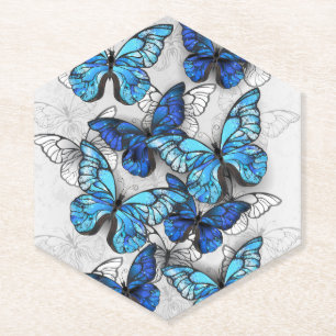 Composition of White and Blue Butterflies Paper Coaster