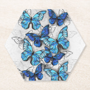 Composition of White and Blue Butterflies Paper Coaster
