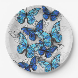 Composition of White and Blue Butterflies Paper Plate