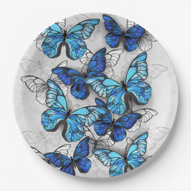 Composition of White and Blue Butterflies Paper Plate (Front)