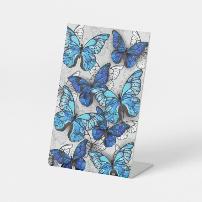 Composition of White and Blue Butterflies Pedestal Sign (Front)