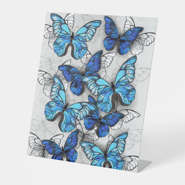 Composition of White and Blue Butterflies Pedestal Sign (Front)
