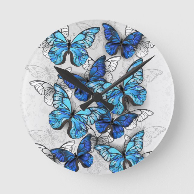 Composition of White and Blue Butterflies Round Clock (Front)
