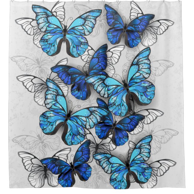Composition of White and Blue Butterflies Shower Curtain (Front)