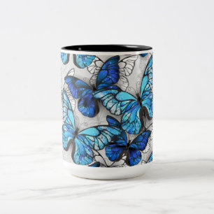 Composition of White and Blue Butterflies Two-Tone Coffee Mug