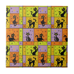 Composition with 5 Black Cats Ceramic Tile