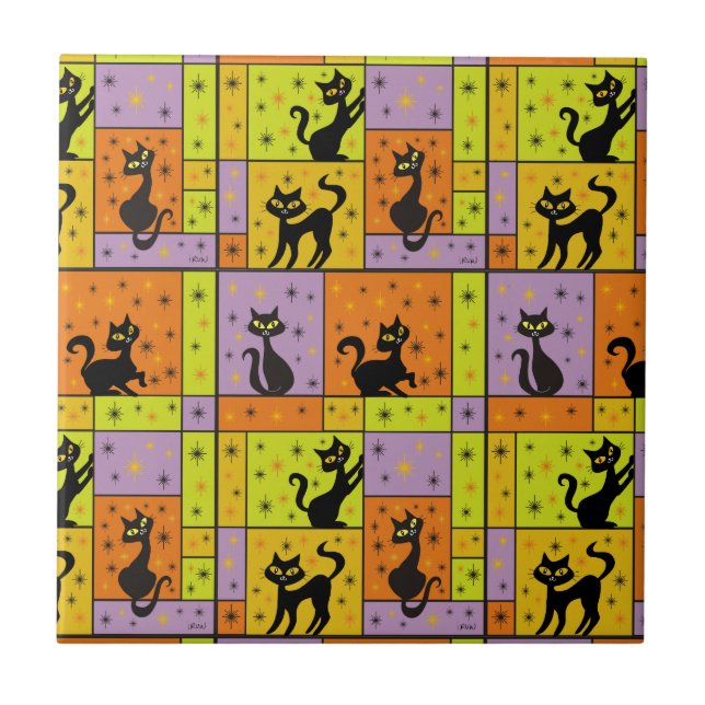 Composition with 5 Black Cats Ceramic Tile (Front)