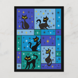 Composition with 5 Black Cats Midnight Blue Colour Postcard