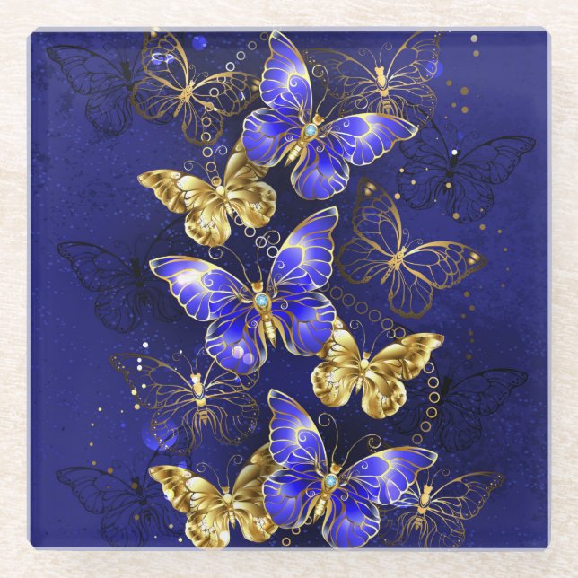 Composition with Sapphire Butterflies Glass Coaster (Front)