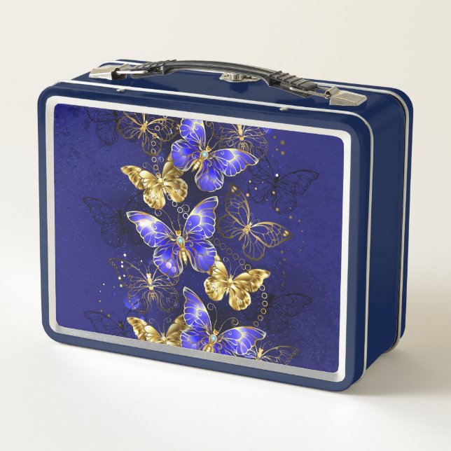 Composition with Sapphire Butterflies Metal Lunch Box (Back)