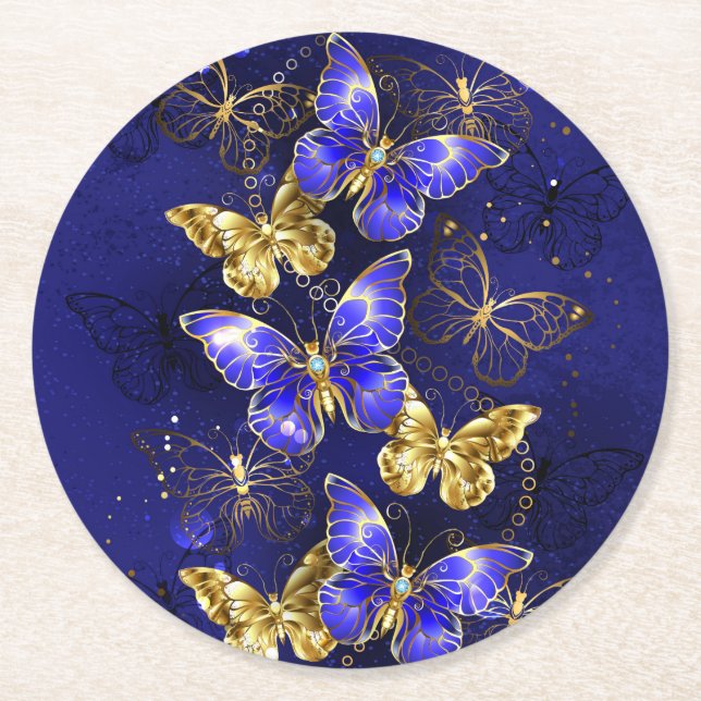 Composition with Sapphire Butterflies Round Paper Coaster (Front)