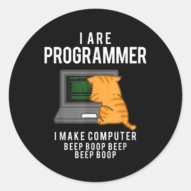 Computer Cat Programmer Funny Coder Meme  Classic Round Sticker (Front)