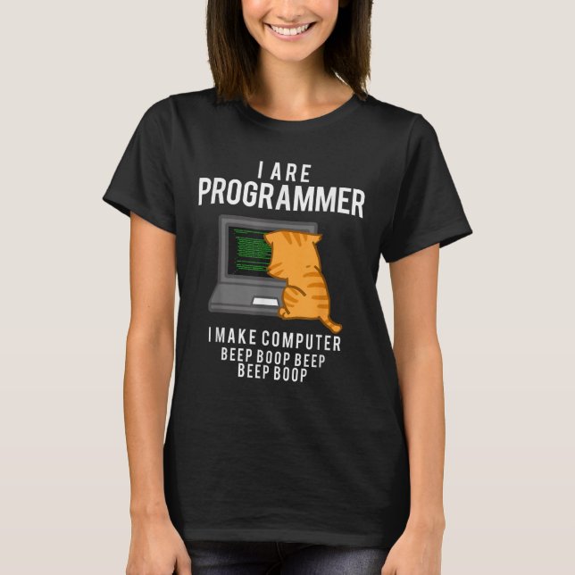 Computer Cat Programmer Funny Coder Meme  T-Shirt (Front)