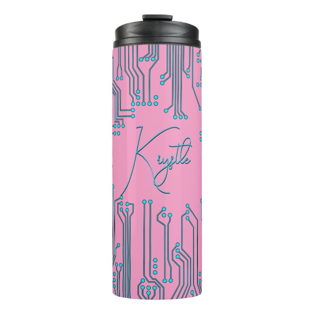 Computer Chip Nerd Black pink blue text name Thermal Tumbler (Front)